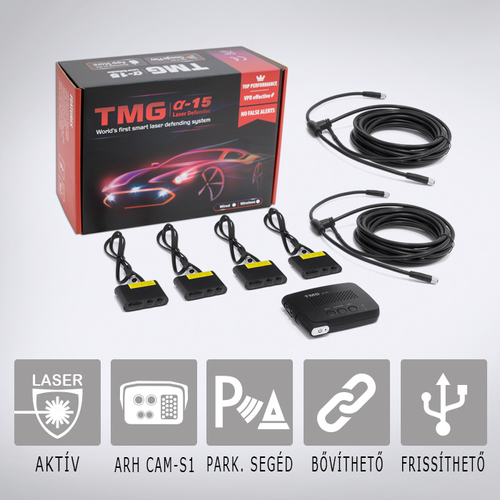 TMG Alpha15-4: Aktív lézeres traffipaxvédelmi termék 4db szenzorral akár távolságtartós autók első-hátsó védelmére 